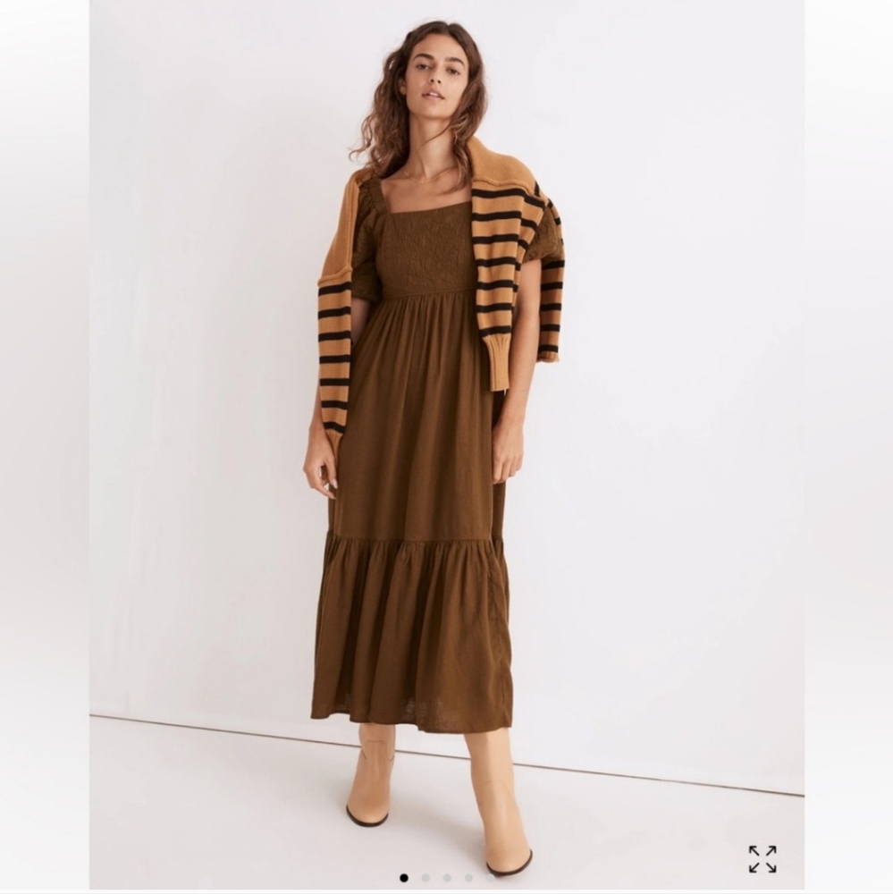 Madewell Tiered Midi Dress Quilted Hemp Blend Green NH112 Women's Size 16